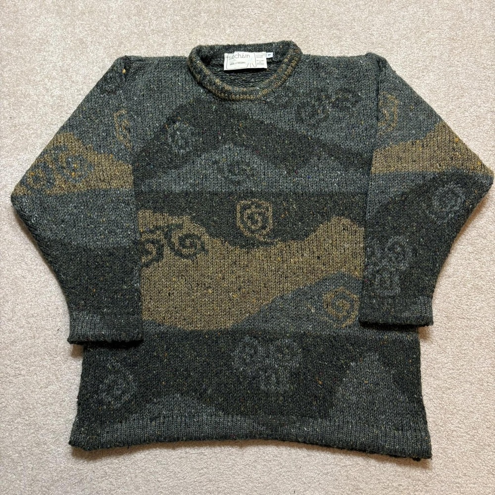 Vtg Siochain Sweater Womens Large Green Wool Chunky Knit Ireland Aran Tweed 80s
